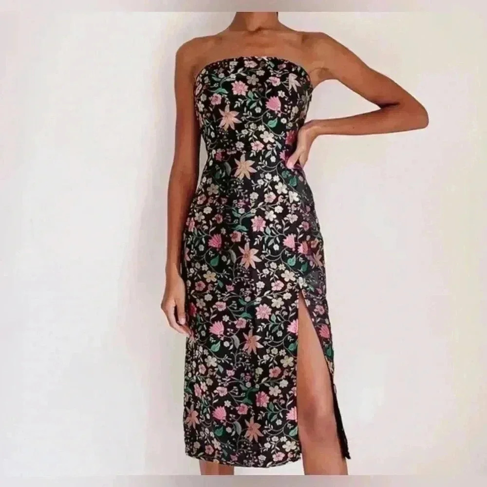NWT LULUS Make a Move Black Satin Floral Jacquard Strapless Midi Dress - Picture 2 of 11